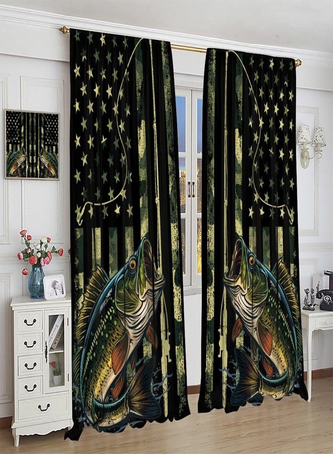 AAVEUP Country Fishing Curtains for Bedroom,Vintage Rustic Hunting Green Camo Pond Fishing Bass American Flag Patterns Window Drapes for Boys Men Living Room Country Cottage 42x45in（No Blackout） - Image 5